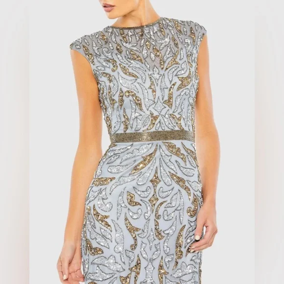 Mac Duggal Blue and Gold Maxi Dress